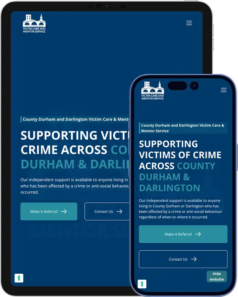 Victim Care and Mentor Service website on iPad and iPhone